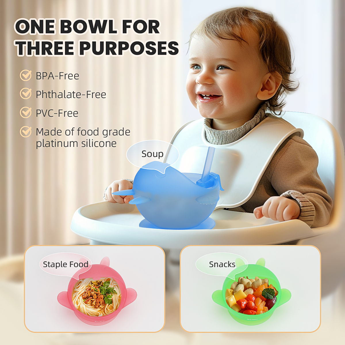 KUHU Adorable Rabbit Shape Silicone Bowl with Straw and Suction Base for Babies and Toddlers - Perfect for Mealtime Fun!
