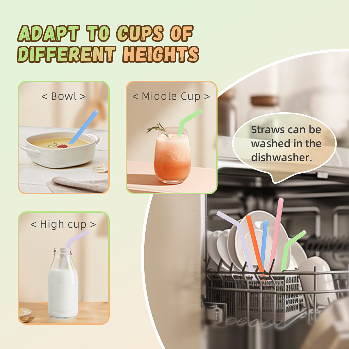 KUHU Straight and Bend Silicone Straw Set - 3 straight straws + 3 bend straws, Ideal for Babies, Toddlers, and Adults