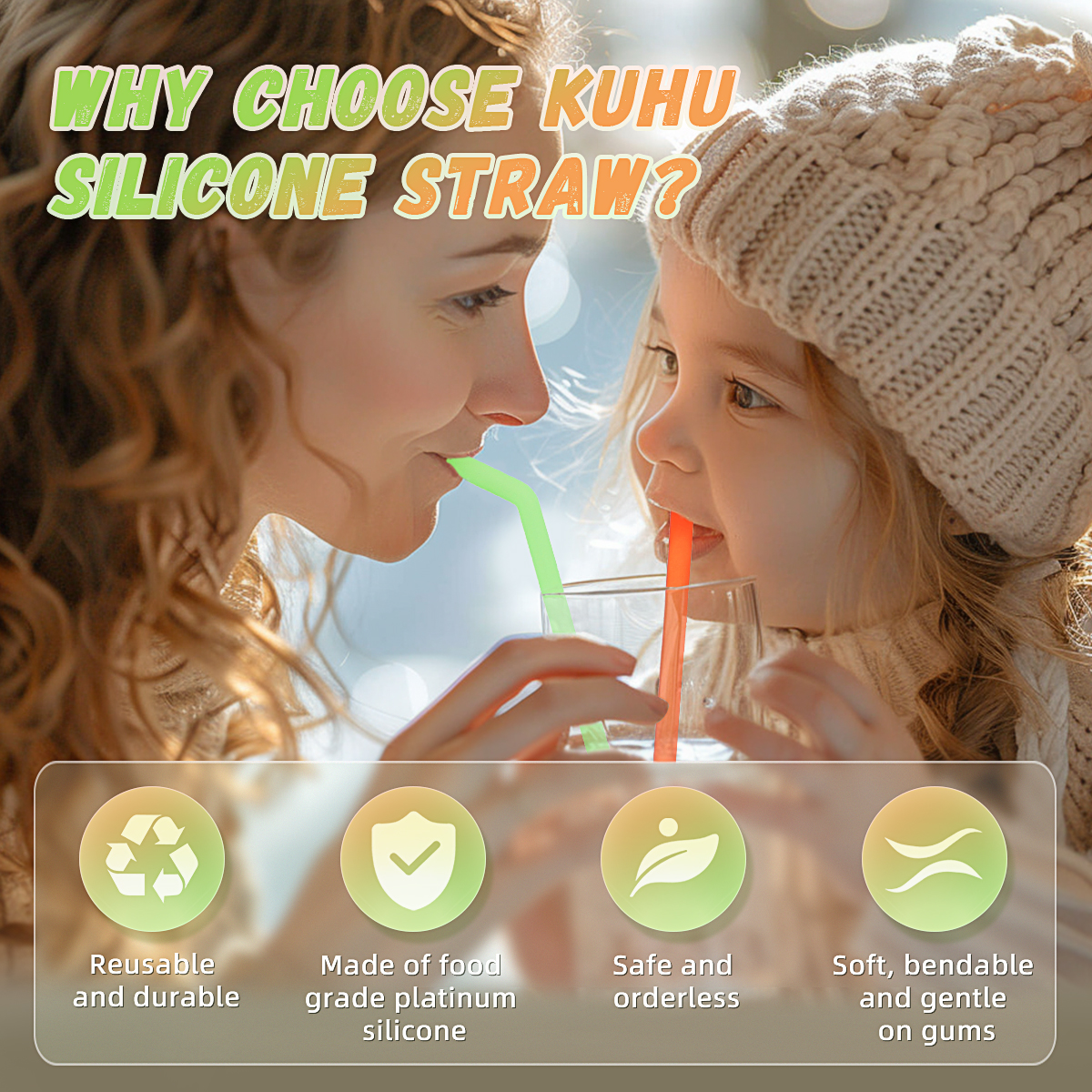 KUHU Straight and Bend Silicone Straw Set - 3 straight straws + 3 bend straws, Ideal for Babies, Toddlers, and Adults