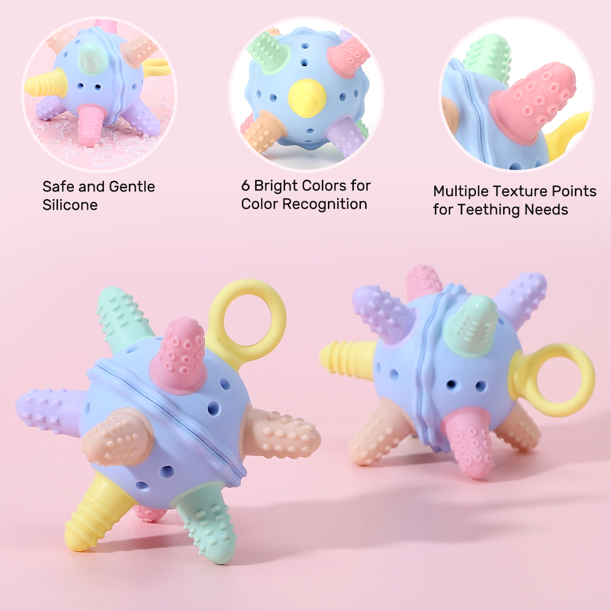 KUHU Silicone Teether Toy with Built-In Bell - Multiple Texture Points for Babies 0-12 Months