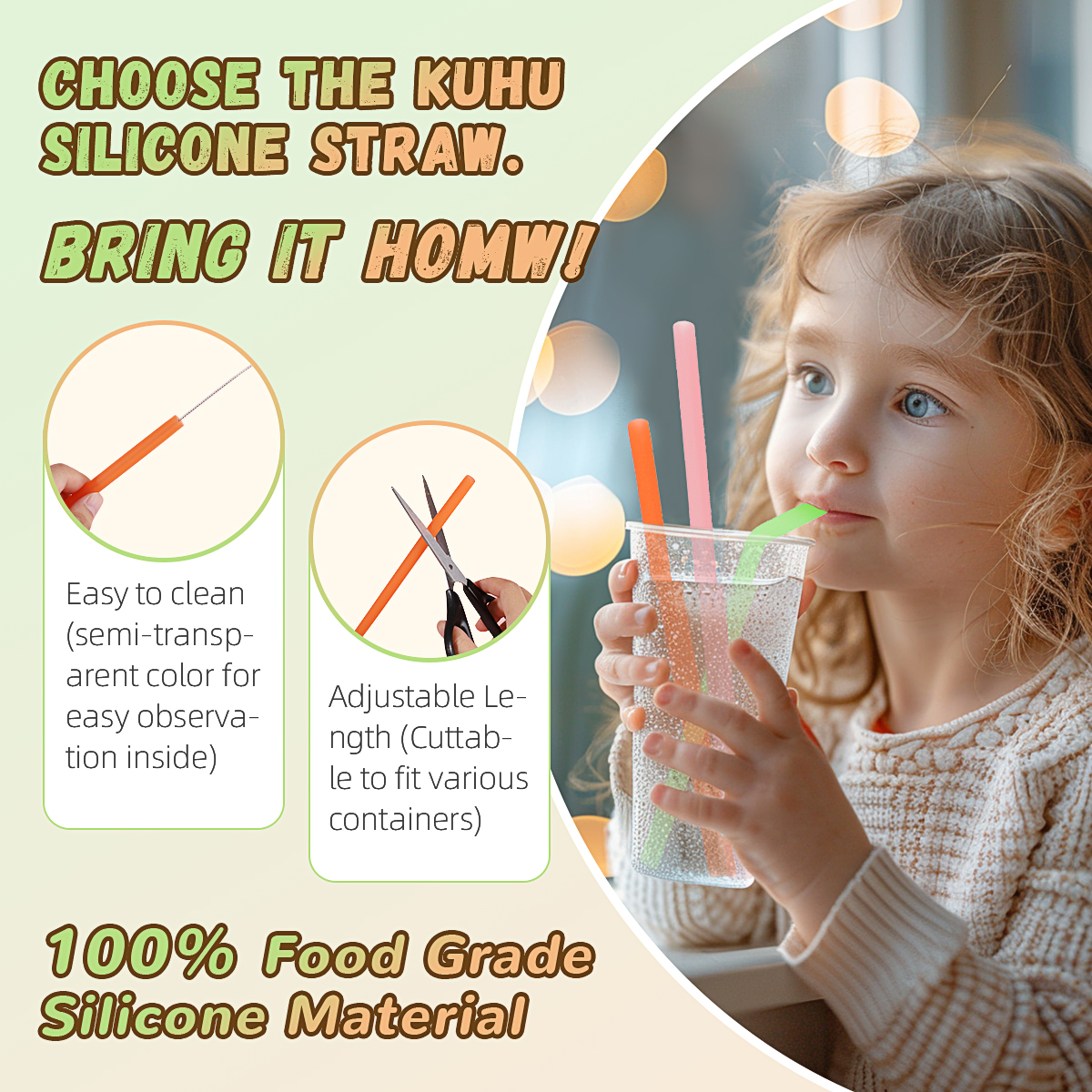 KUHU Straight and Bend Silicone Straw Set - 3 straight straws + 3 bend straws, Ideal for Babies, Toddlers, and Adults