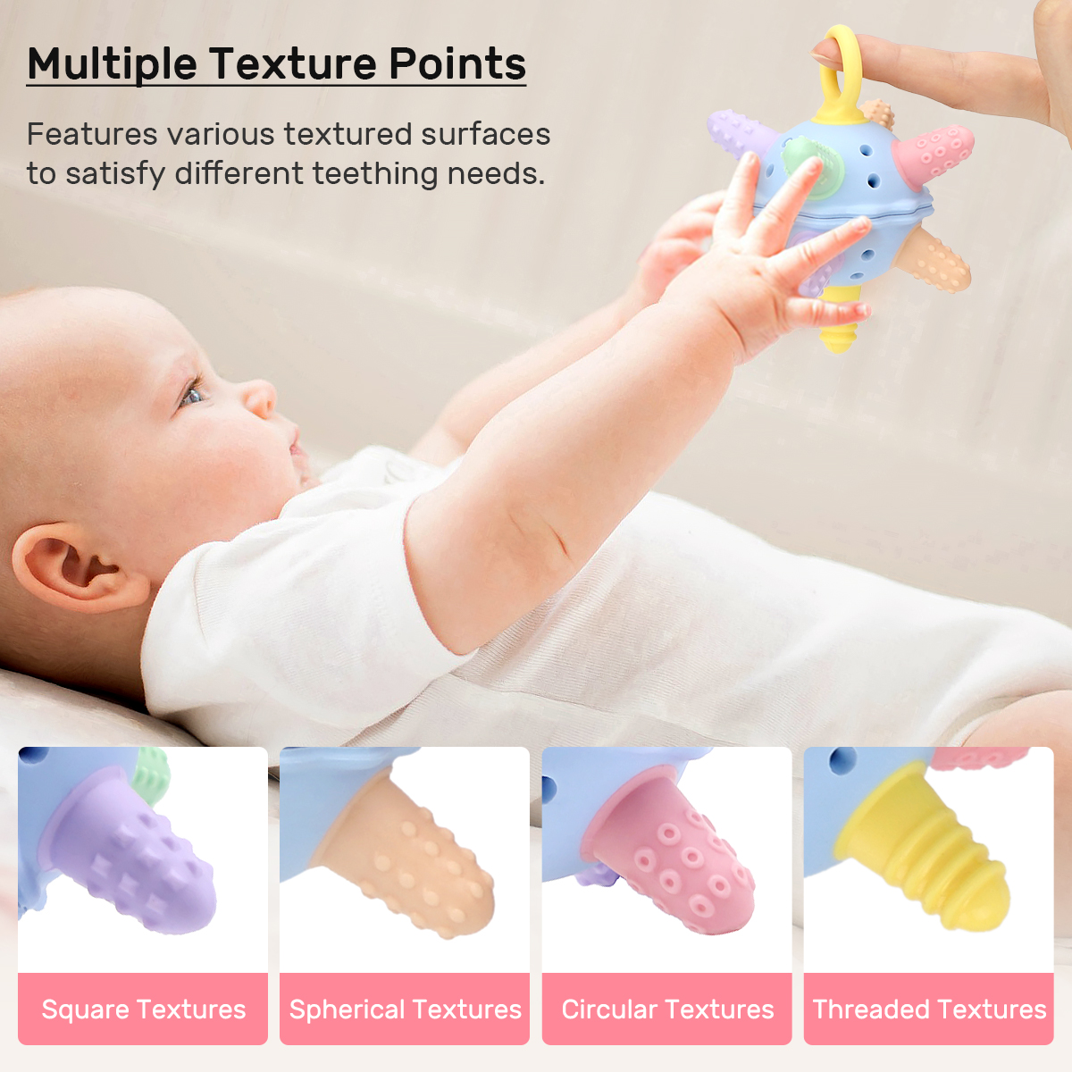 KUHU Silicone Teether Toy with Built-In Bell - Multiple Texture Points for Babies 0-12 Months