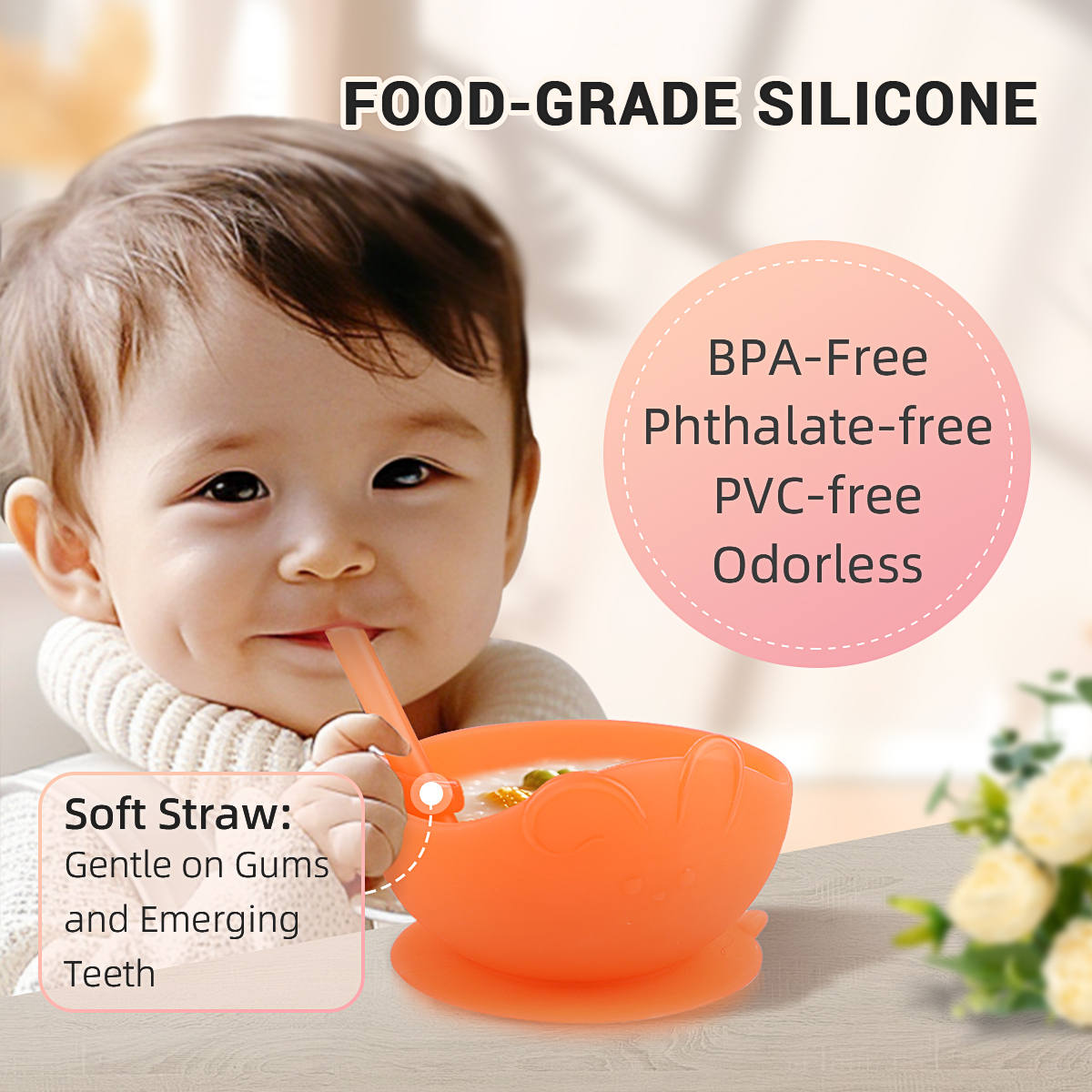 Rabbit Shape Silicone Suction Bowl (with Straw)