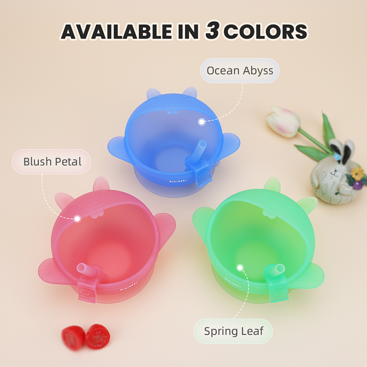KUHU Adorable Rabbit Shape Silicone Bowl with Straw and Suction Base for Babies and Toddlers - Perfect for Mealtime Fun!