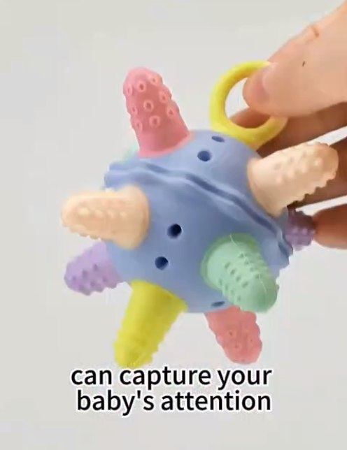 KUHU Silicone Teether Toy with Built-In Bell - Multiple Texture Points for Babies 0-12 Months